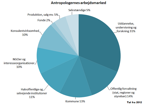 Cirkeldiagram der viser inden for hvilke brancher antropologer får arbejde. Blandt de største kan nævnes: Udannelse, undervisning og forskning (31%), Offentlig forvaltning (14%) og Kommuner (13%)